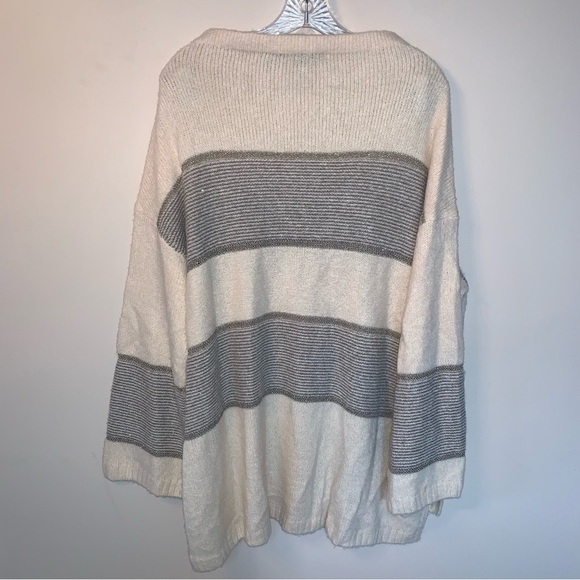 St. John Luxury Cashmere Wool Sweater Large Striped Cream Gray Metallic Knit XL - Picture 2 of 9